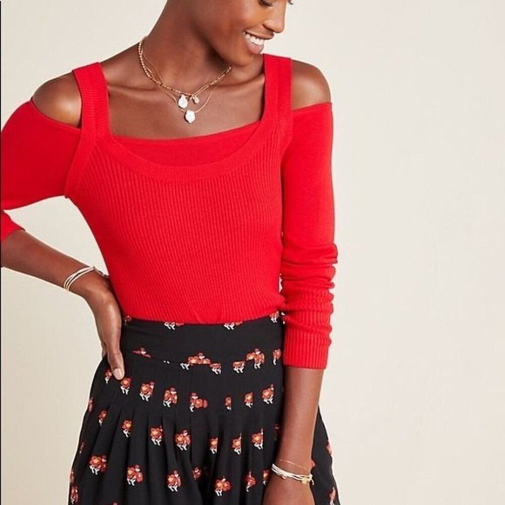 Red Anthropologie Open-Shoulder Long Sleeve Knit Sweater Top (NWT)